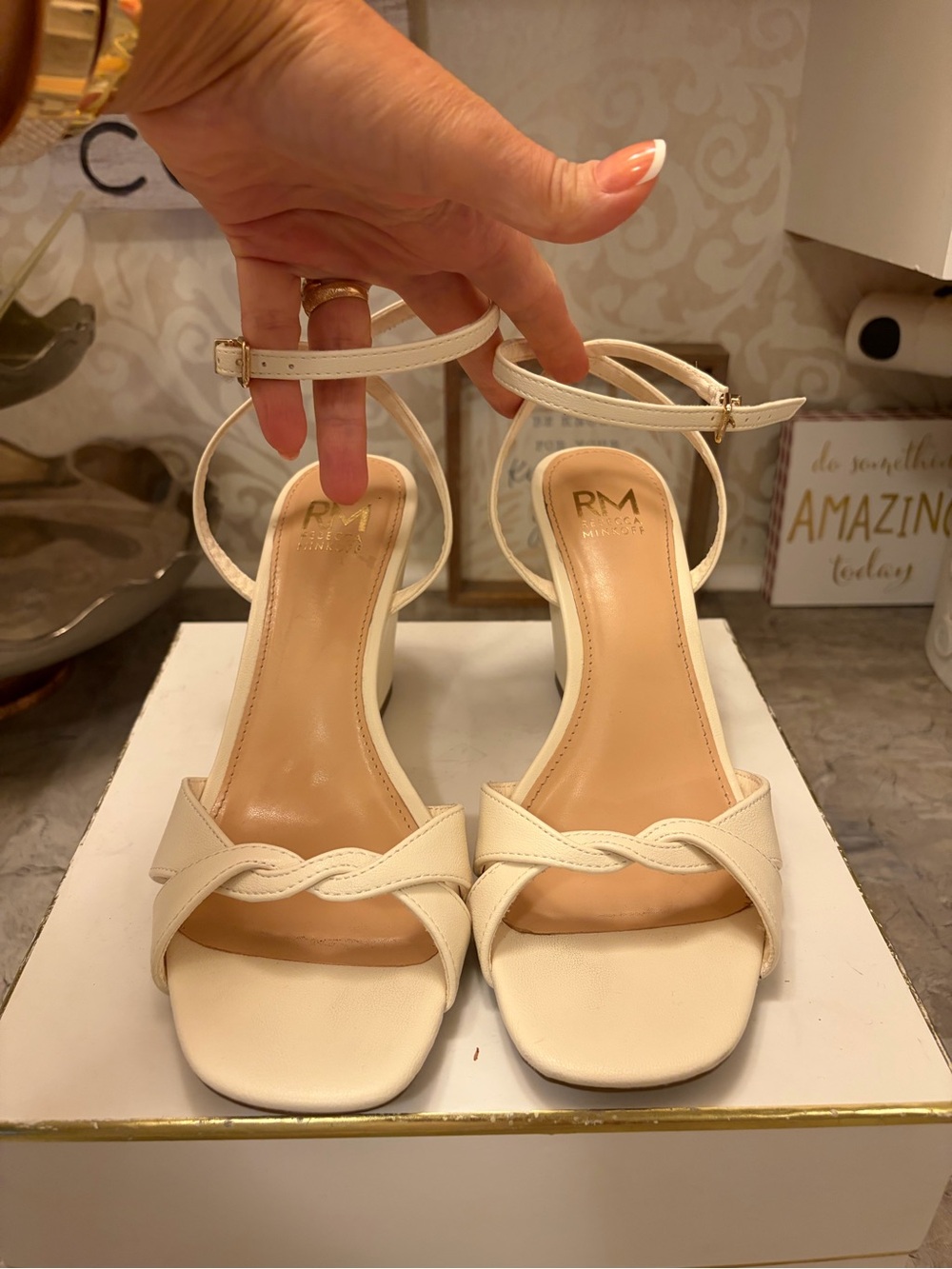 Rebecca Minkoff Ivory Braided Ankle-Strap Block Heels